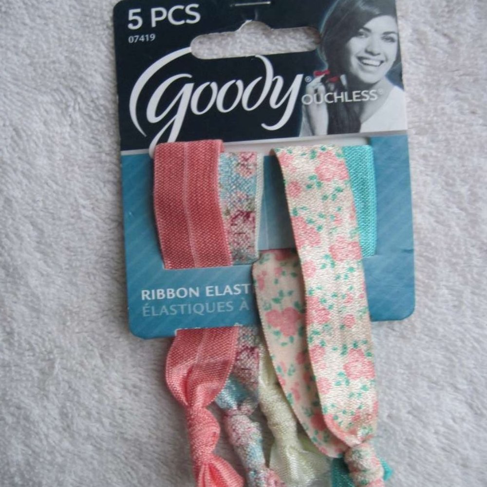 5 Goody Ouchless Ribbon Elastics Ponytailer Hair Bands Soft No Metal Tied Floral